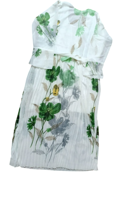 Girls' Floral Print Midi Dress, White with Green Flowers, Mirror Work Embellished
