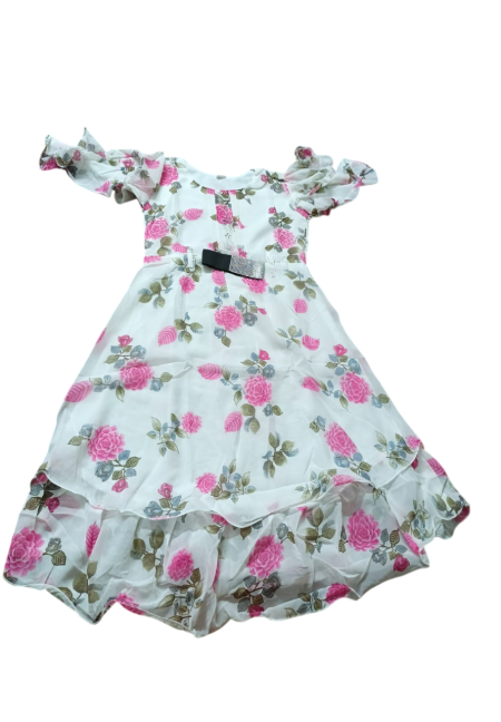 Girls Floral Print Ruffle Dress, White with Pink Roses, Rhinestone Belt Detail