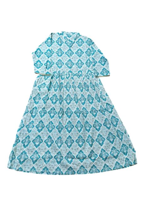 Women's Cotton Frock Suit Set with Dupatta, Turquoise, Long Sleeves