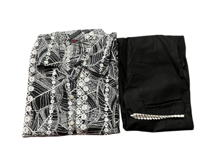 Women's 2-Piece Cotton Cord Set, Black and White Floral Print with embroidery Top with Solid Black Pants
