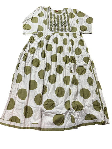 Women's Cotton Frock Suit Set, Traditional Embroidered Design, White and Olive Green Polka Dot with Striped Palazzo, 3 Piece