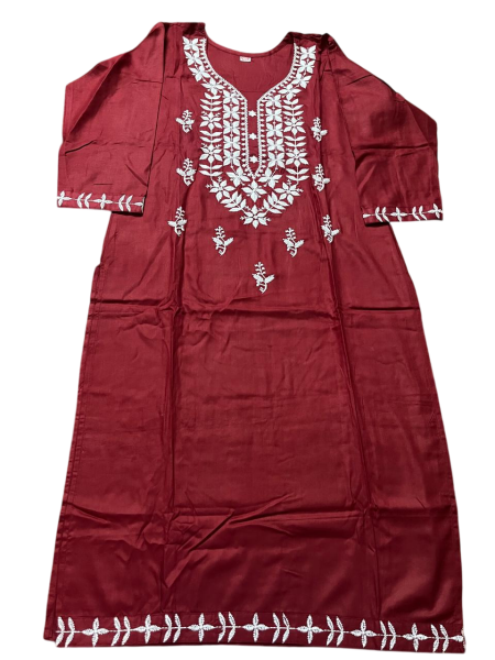 Women's Embroidered Cotton Kurta Set with Dupatta, Maroon, Traditional Floral Design